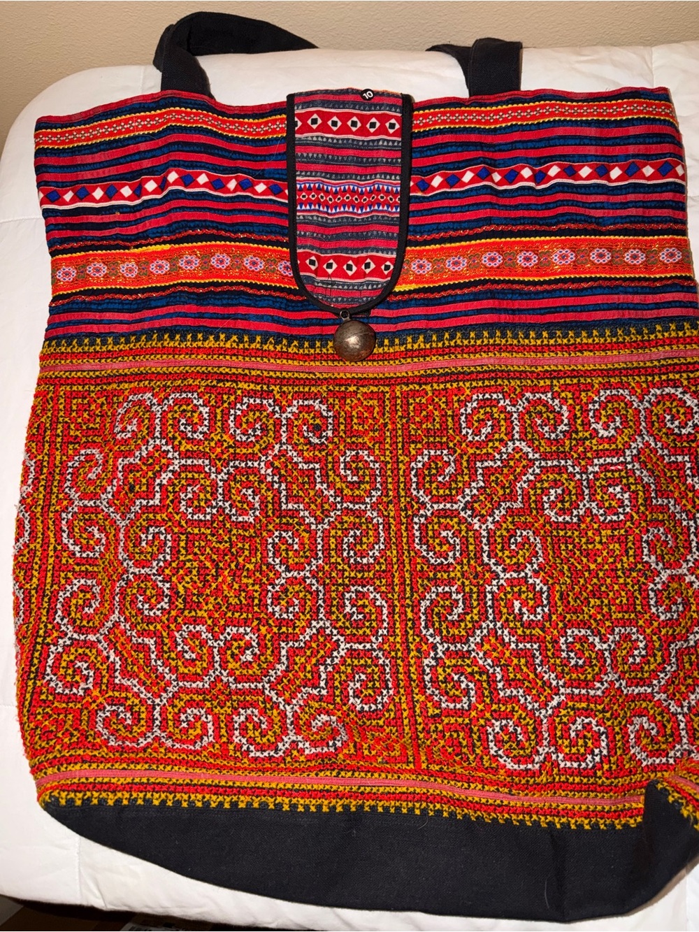 Embroidered Ethnic Tote Bag in Red, Orange & Black